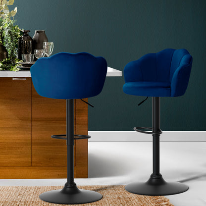 2x Bar Stools Gas Lift Velvet Blue