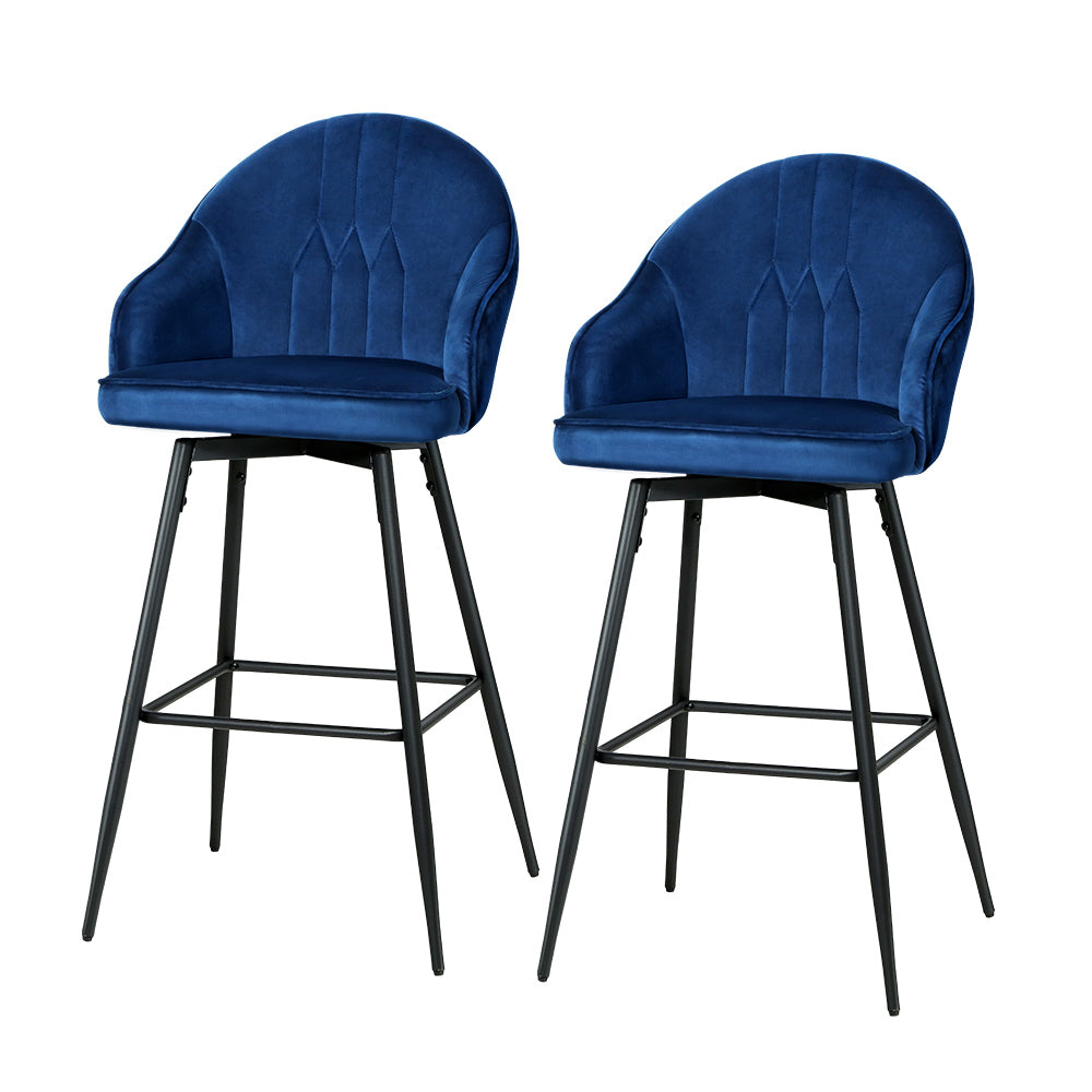 2x Bar Stools Velvet Swivel Metal Legs Blue