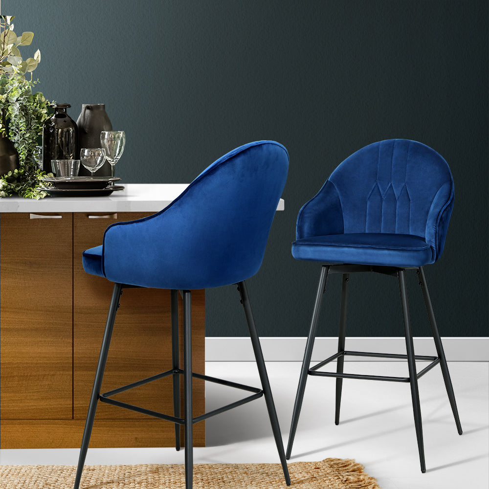 2x Bar Stools Velvet Swivel Metal Legs Blue