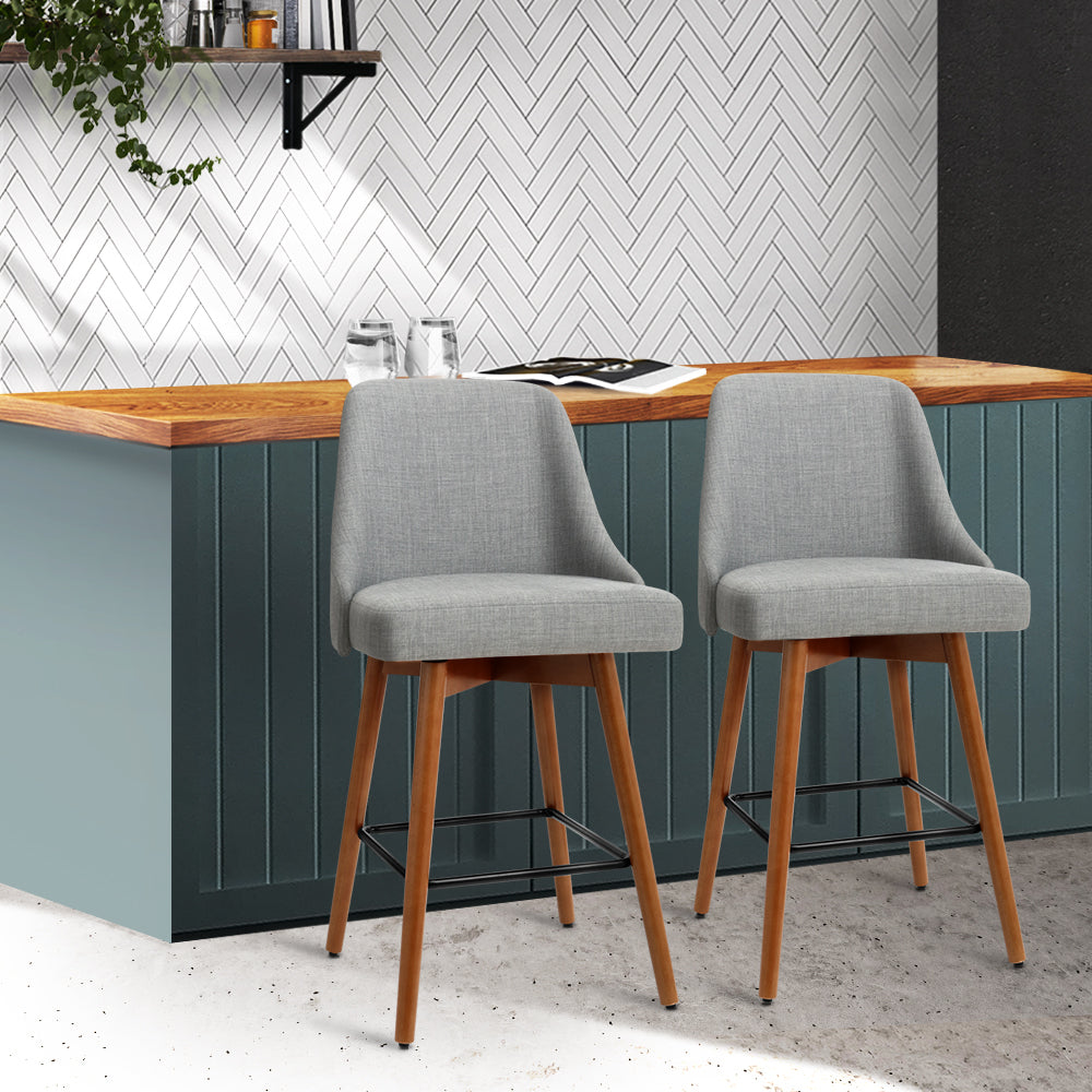 2x Bar Stools Swivel Seat Wooden Grey