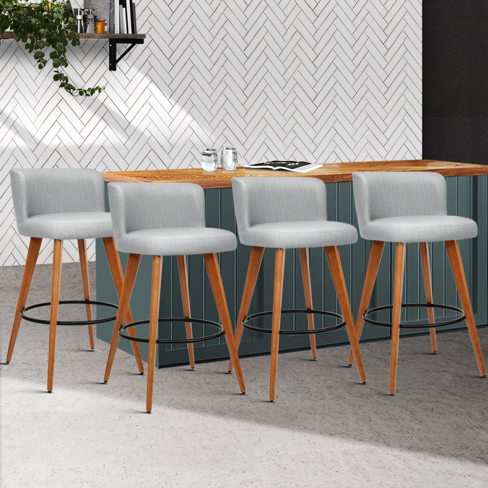 4x Bar Stools Linen Padded Wooden Grey