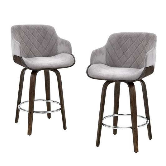 4x Bar Stools Swivel Velvet Padded Wooden