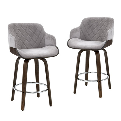 4x Bar Stools Swivel Velvet Padded Wooden