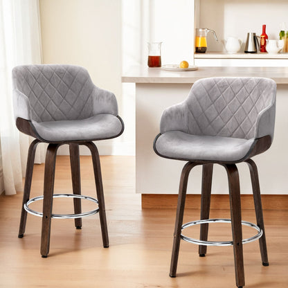 4x Bar Stools Swivel Velvet Padded Wooden