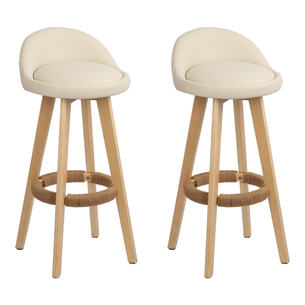 2x Bar Stools Padded Leather Wooden Beige