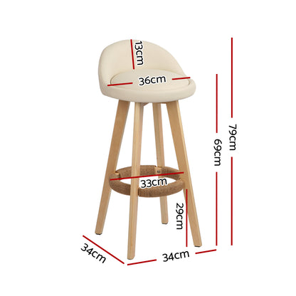 2x Bar Stools Padded Leather Wooden Beige