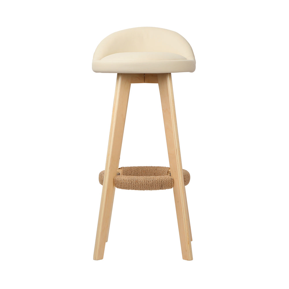 2x Bar Stools Padded Leather Wooden Beige