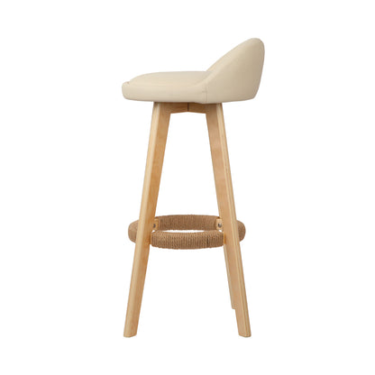 2x Bar Stools Padded Leather Wooden Beige