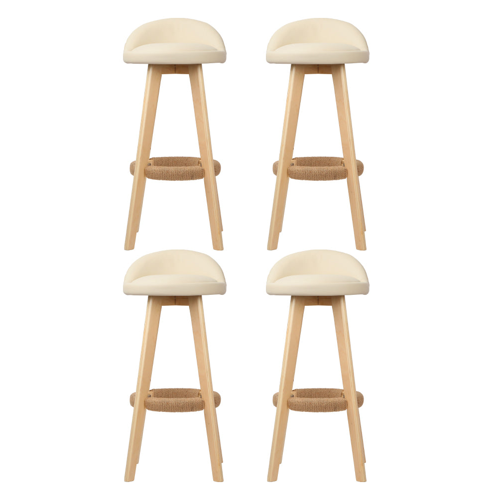 4x Bar Stools Padded Leather Wooden Beige