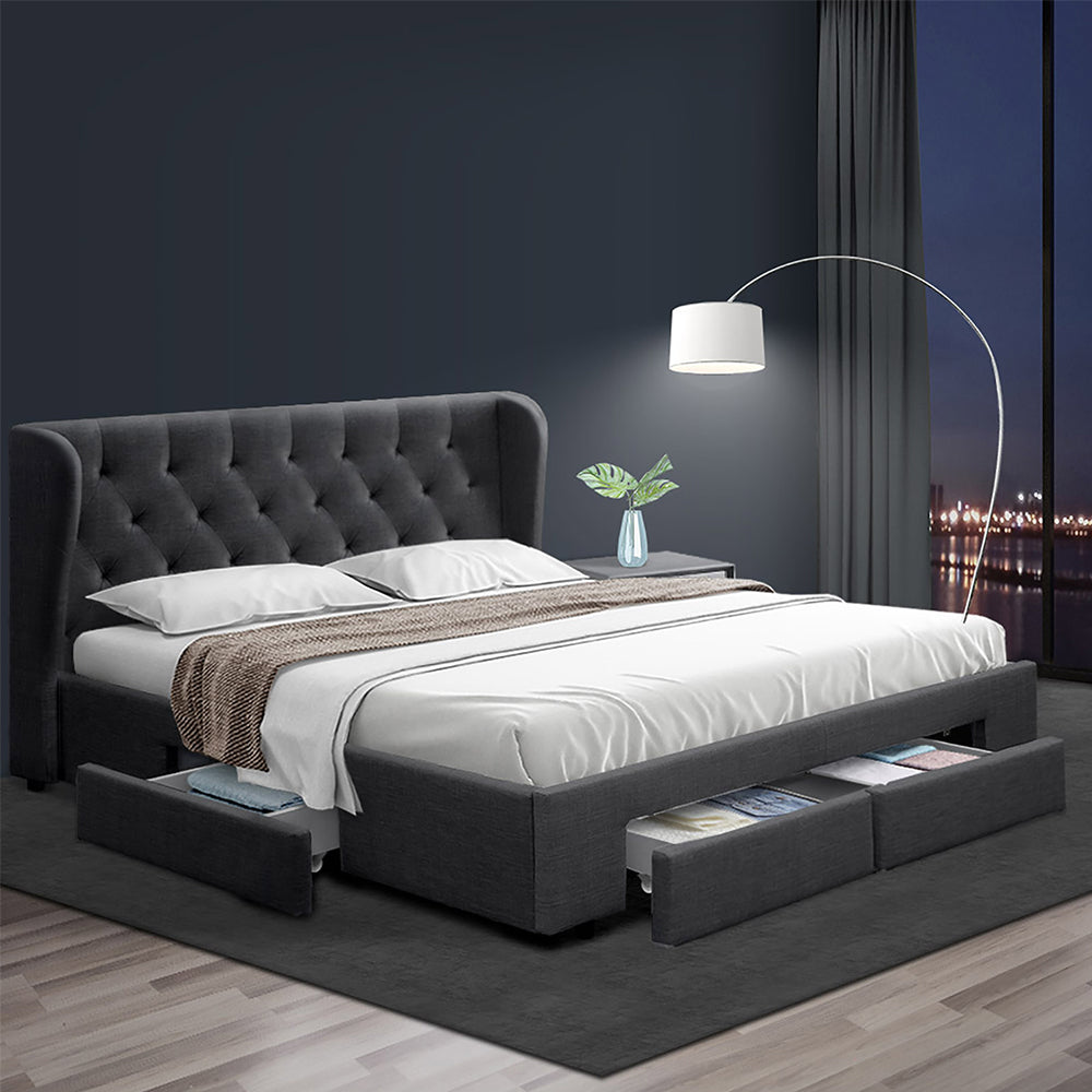 Bed Frame Queen Size with 4 Drawers Charcoal MILA