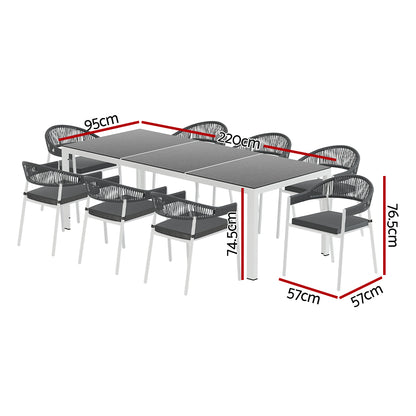 Outdoor Dining Set 9 Piece Steel Table Chairs Setting White