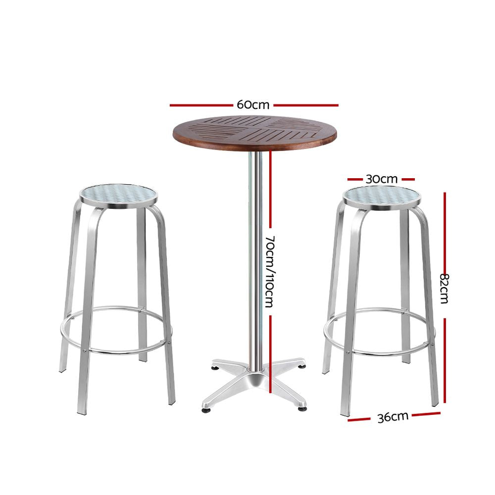 3-Piece Outdoor Bar Set Bistro Table Stools Adjustable Wooden Cafe