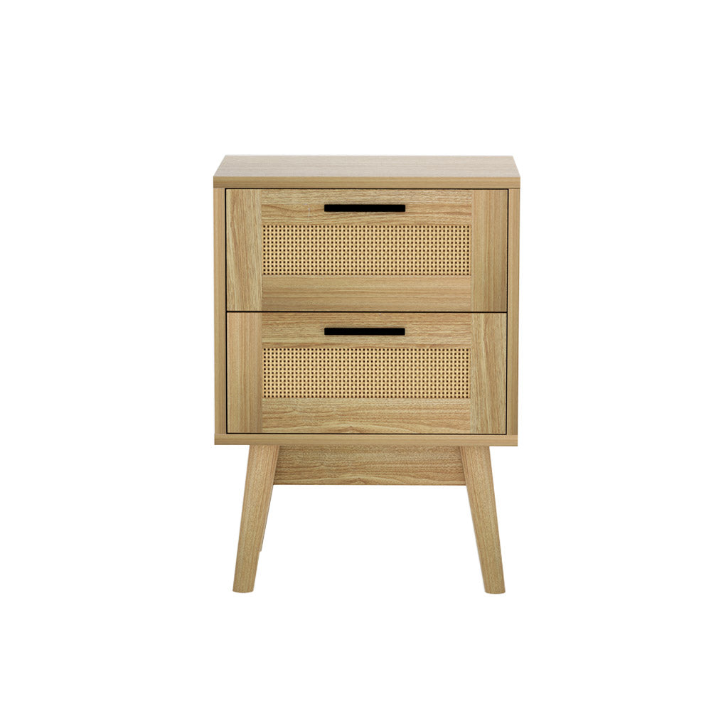 Rattan Bedside Table 2 Drawers Wood - RIE Oak