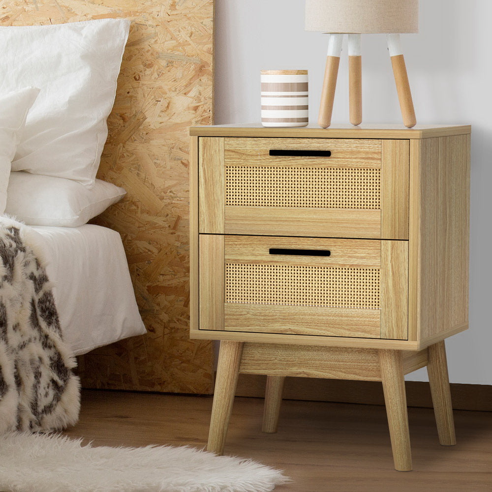 Rattan Bedside Table 2 Drawers Wood - RIE Oak