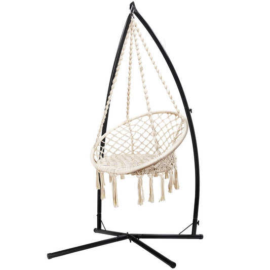 Hammock Chair with Steel Stand Macrame Outdoor Swinging Cream