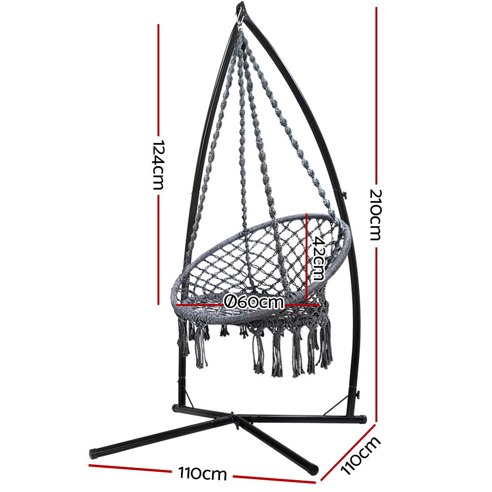 Hammock Chair with Steel Stand Macrame Outdoor Swinging Grey