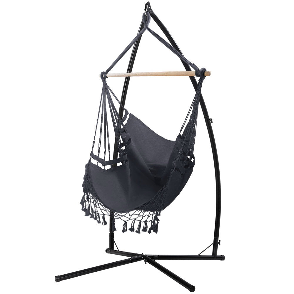 Hammock Chair with Steel Stand Hanging Outdoor Tassel Grey