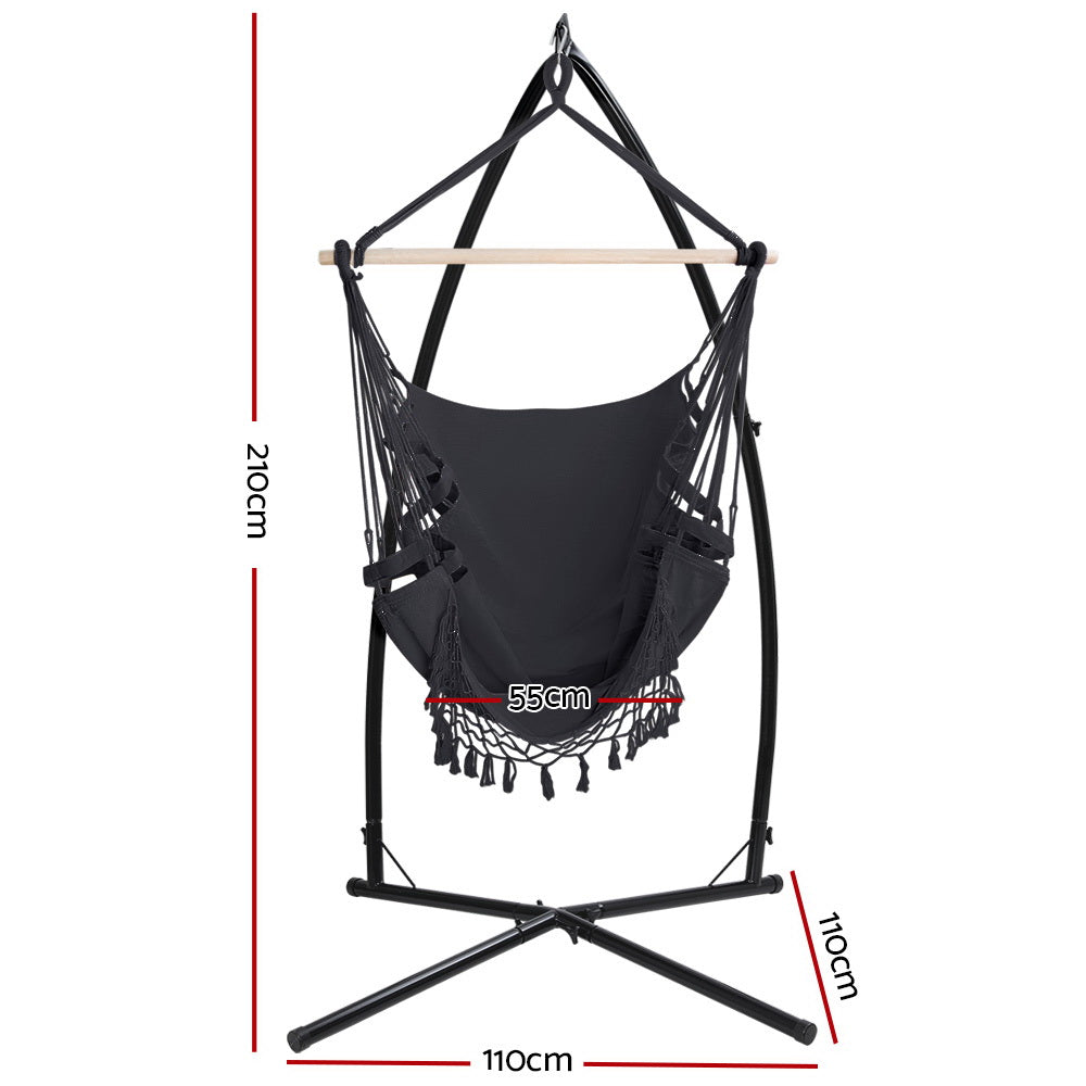 Hammock Chair with Steel Stand Hanging Outdoor Tassel Grey