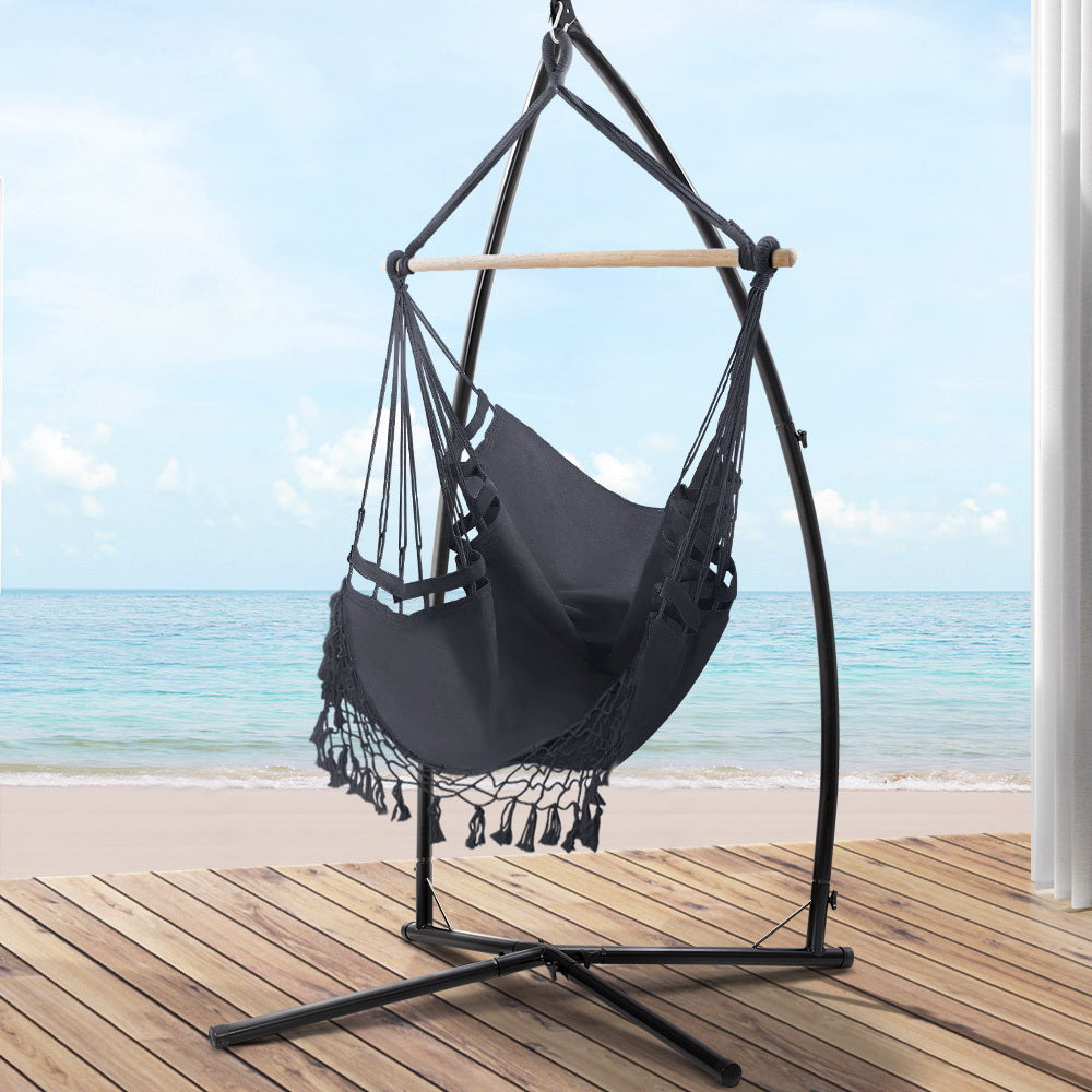 Hammock Chair with Steel Stand Hanging Outdoor Tassel Grey