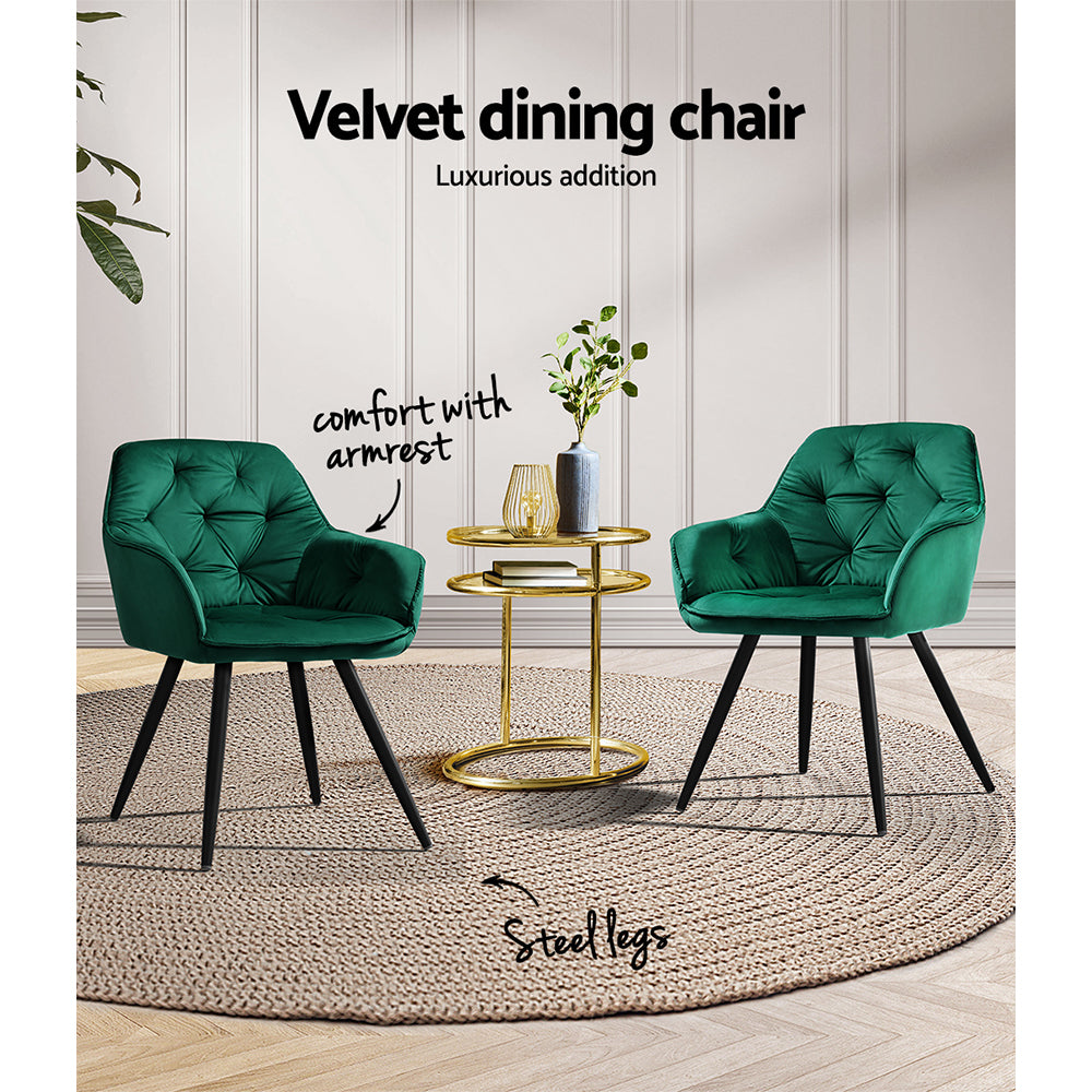 Dining Chairs Set of 2 Velvet Diamond Tufted Armchair Green