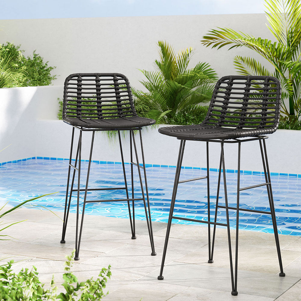 2 Piece Outdoor Bar Stools Wicker Dining Rattan Chair Black