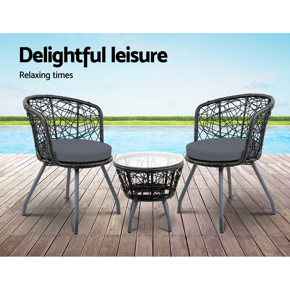 3PC Bistro Set Outdoor Furniture Rattan Table Chairs Patio Garden Cushion Black