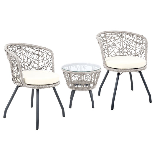 3PC Bistro Set Outdoor Furniture Rattan Table Chairs Patio Garden Cushion Grey