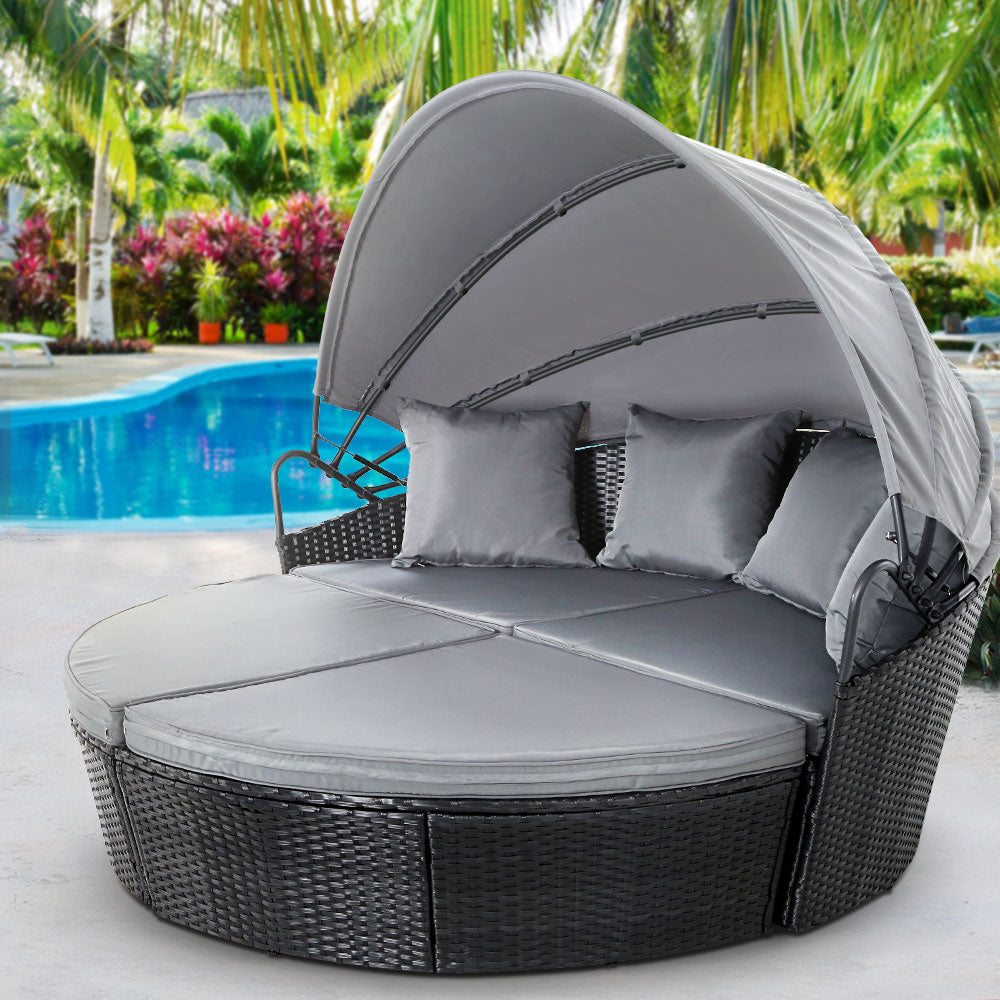 Sun Lounge Setting Wicker Lounger Day Bed Outdoor Furniture Patio Black