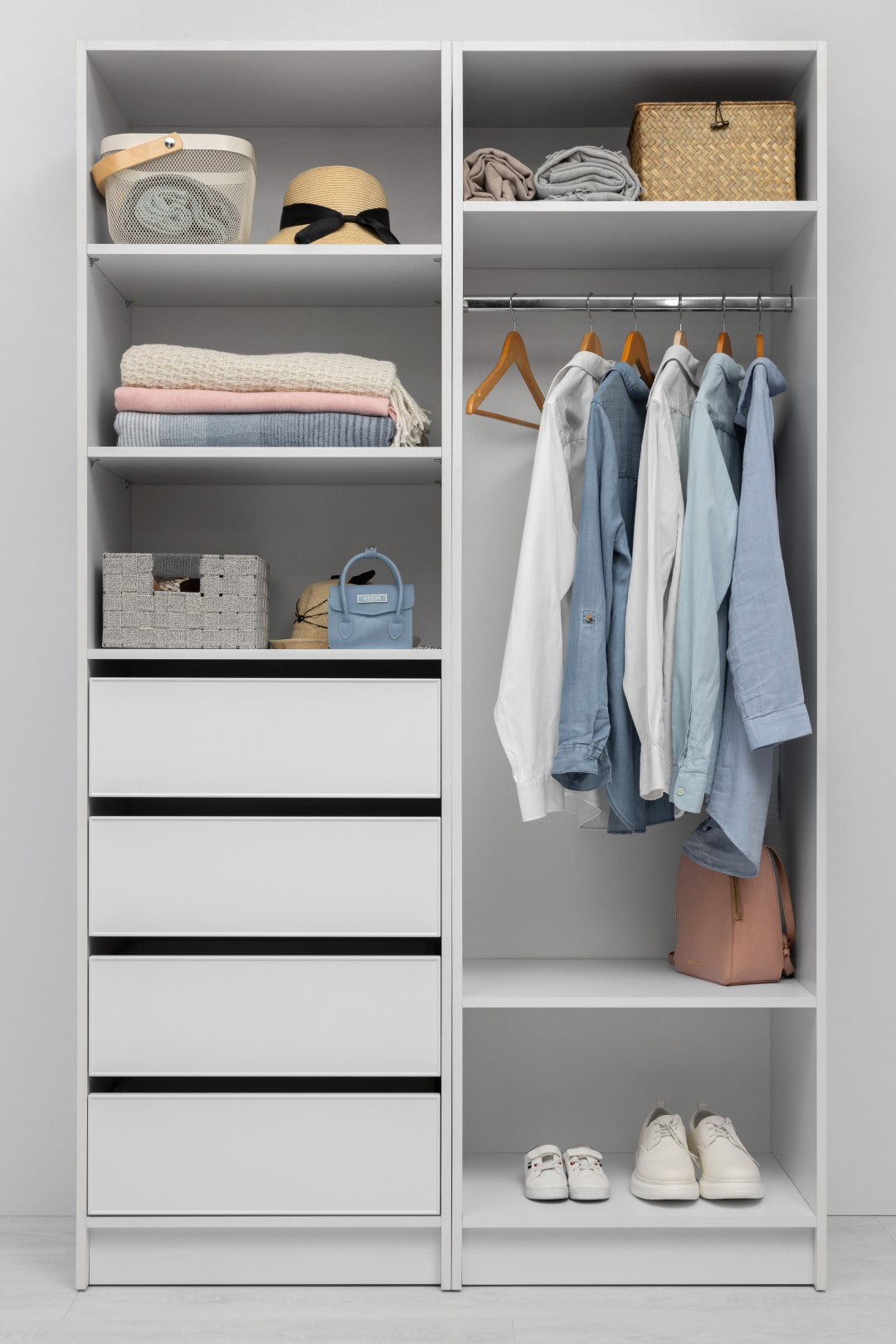 MALMO THREE SHELF/FOUR DRAWER WALK IN WARDROBE - SLIM SHAKER - WHITE