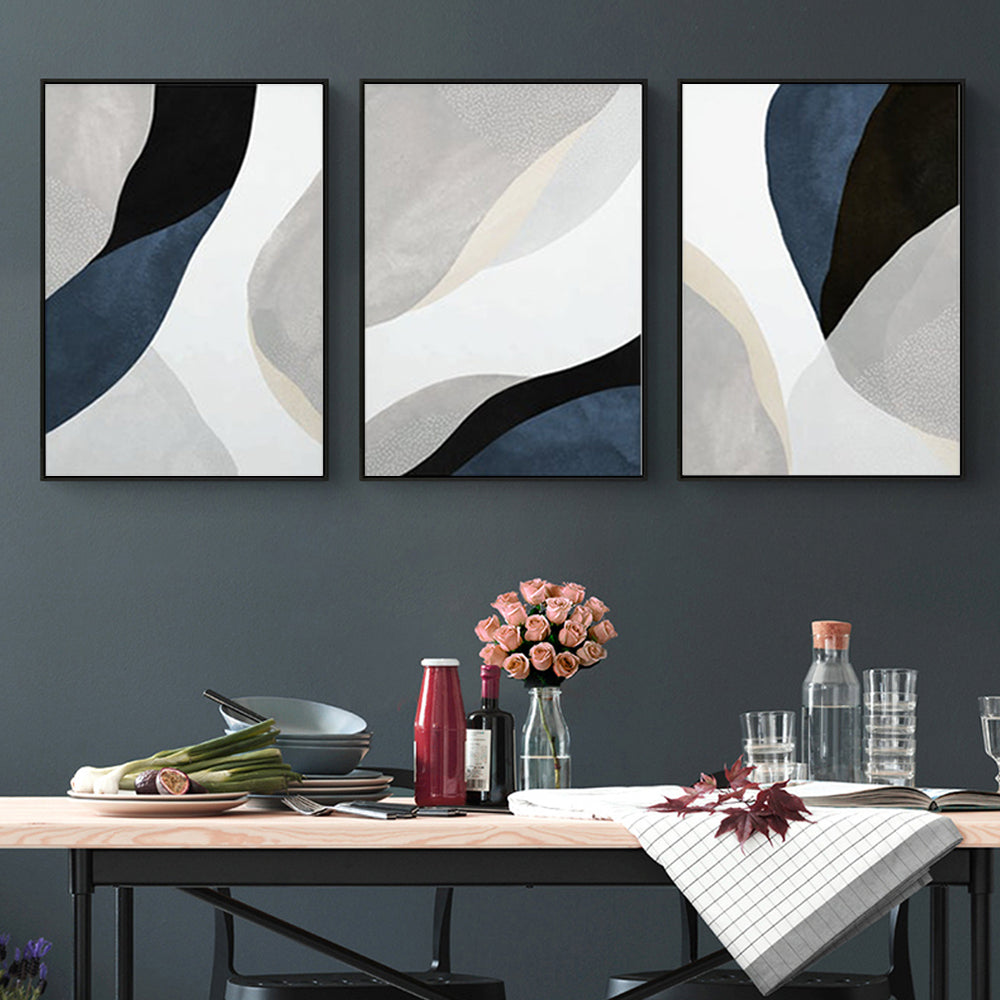 Wall Art 90cmx135cm Abstract Navy Blue 3 Sets Black Frame Canvas