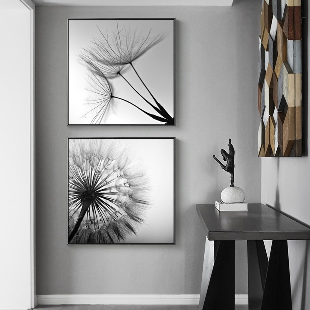 Wall Art 100cmx100cm Black and white dandelion 2 Sets Black Frame Canvas