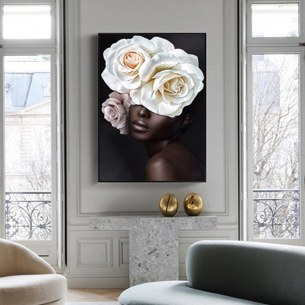 Wall Art 90cmx135cm Flower African Woman Black Frame Canvas