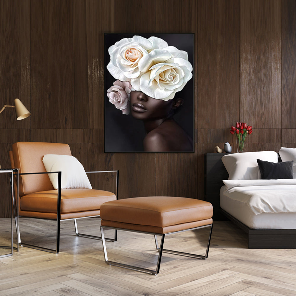 Wall Art 90cmx135cm Flower African Woman Black Frame Canvas