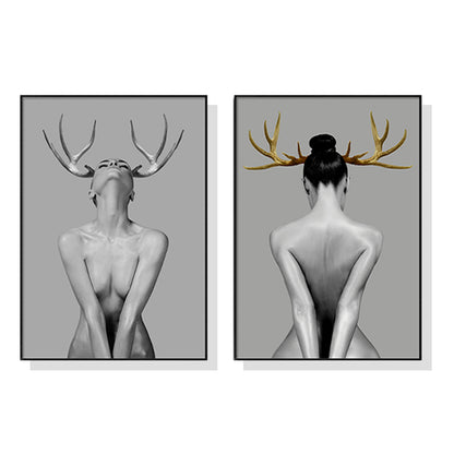 Wall Art 100cmx150cm Girl With Gold Horn 2 Sets Black Frame Canvas