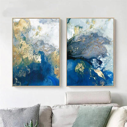 Wall Art 70cmx100cm Marbled Blue And Gold 2 Sets Gold Frame Canvas