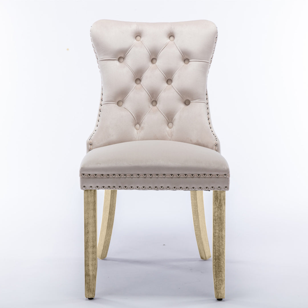 4x Velvet Dining Chairs Upholstered Tufted Kithcen Chair with Solid Wood Legs Stud Trim and Ring-Beige