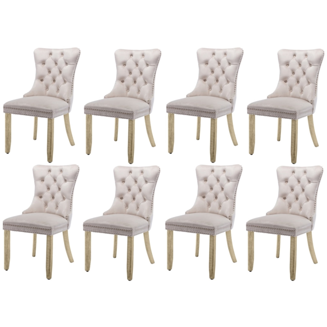 8x Velvet Dining Chairs Upholstered Tufted Kithcen Chair with Solid Wood Legs Stud Trim and Ring-Beige