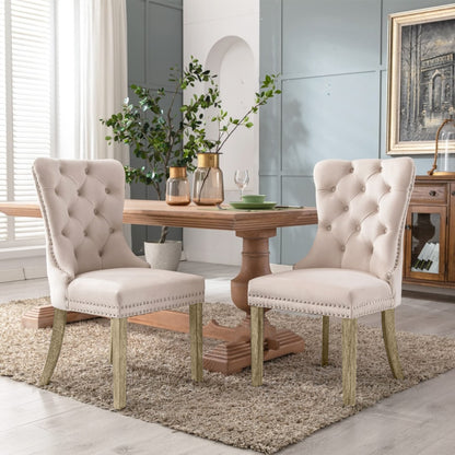 8x Velvet Dining Chairs Upholstered Tufted Kithcen Chair with Solid Wood Legs Stud Trim and Ring-Beige