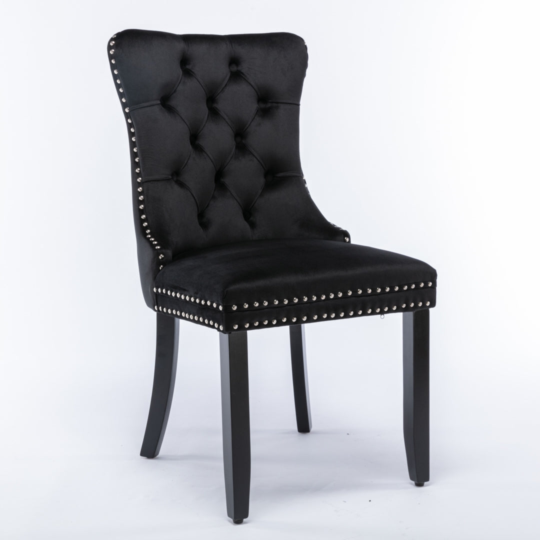 4x Velvet Dining Chairs Upholstered Tufted Kithcen Chair with Solid Wood Legs Stud Trim and Ring-Black