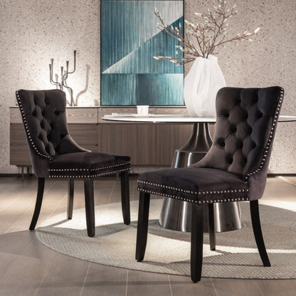 6x Velvet Dining Chairs Upholstered Tufted Kithcen Chair with Solid Wood Legs Stud Trim and Ring-Black