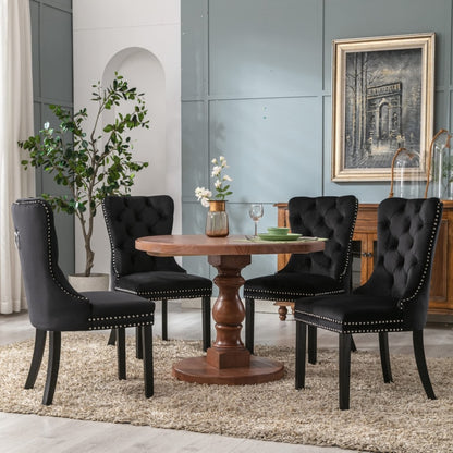 6x Velvet Dining Chairs Upholstered Tufted Kithcen Chair with Solid Wood Legs Stud Trim and Ring-Black