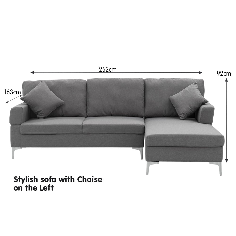 3 Seater Linen Sofa Lounge Left Side Chaise Couch Furniture Dark Grey L-shaped