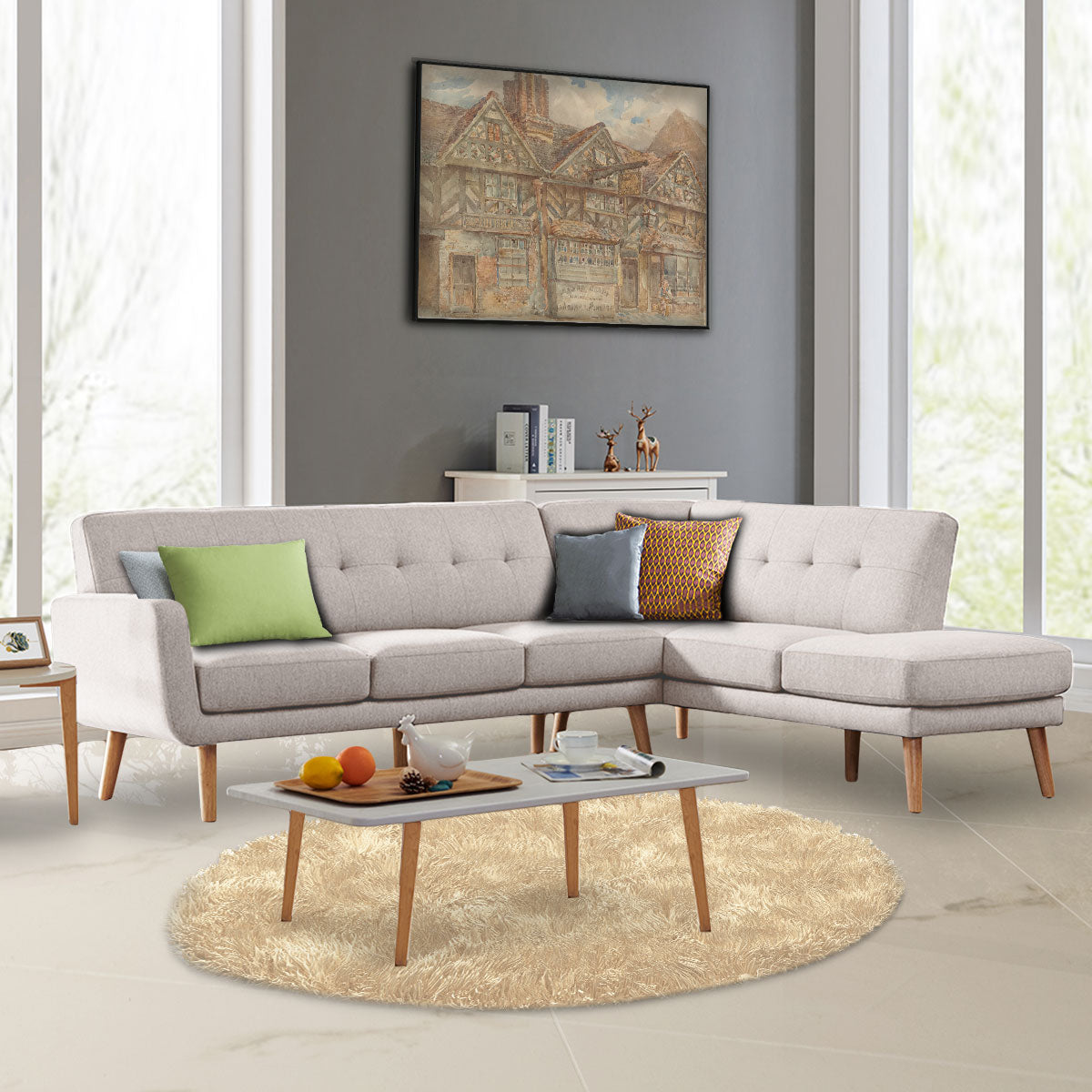 Faux Linen Corner Sofa Lounge L-shaped Chaise Light Grey