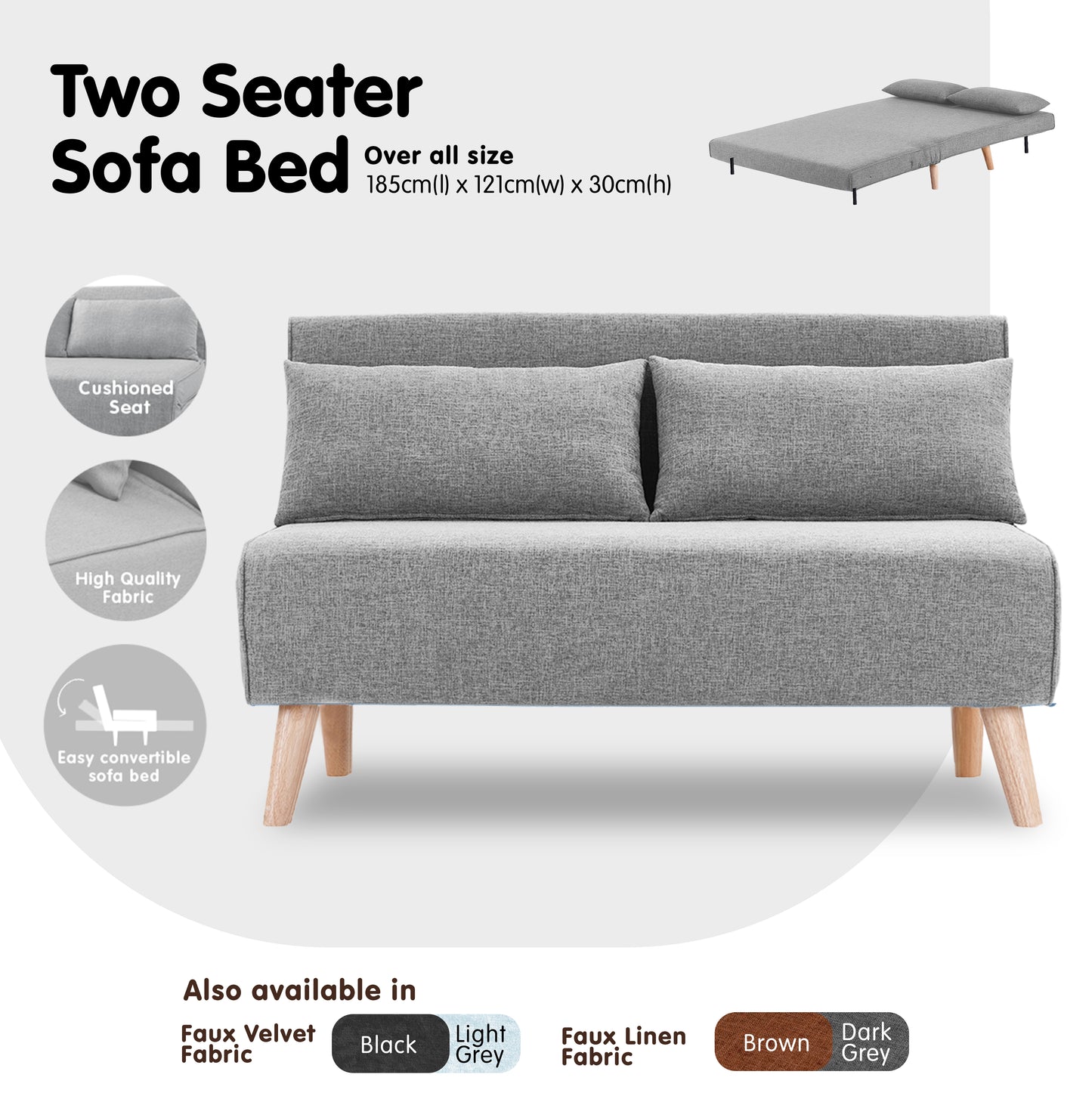 2-Seater Adjustable Sofa Bed Lounge Faux Linen - Grey