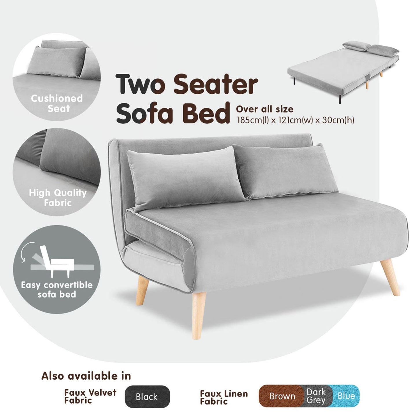 2-Seater Adjustable Sofa Bed Lounge Faux Velvet - Light Grey