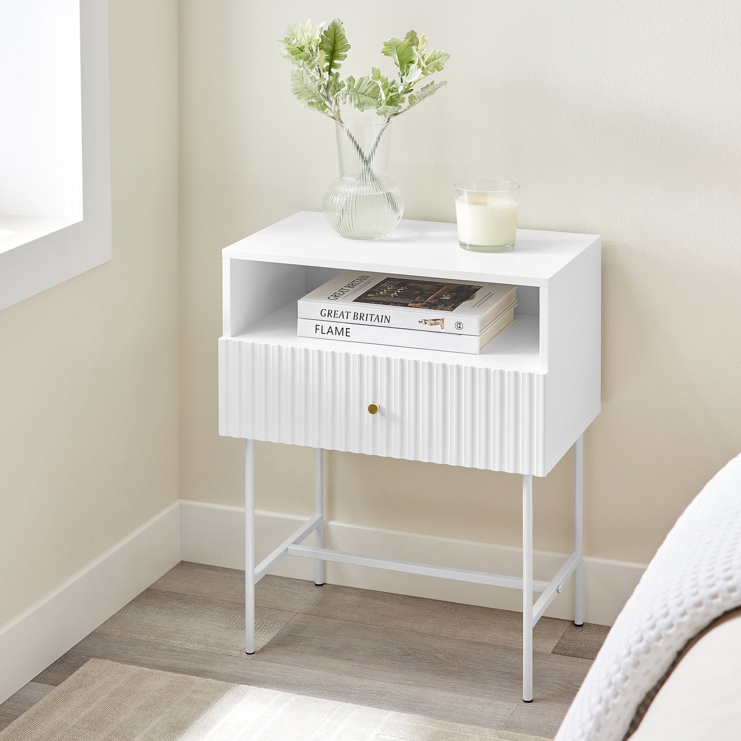 Cecil Slender Fluted Bedside Table In White