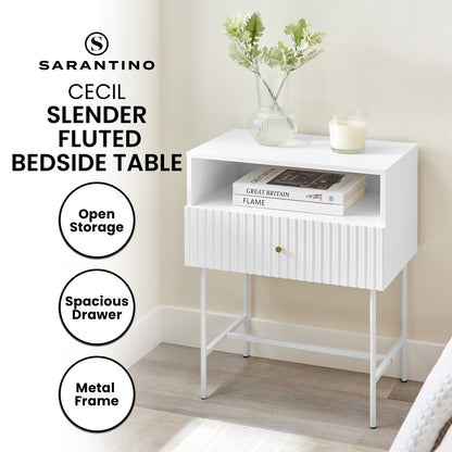 Cecil Slender Fluted Bedside Table In White