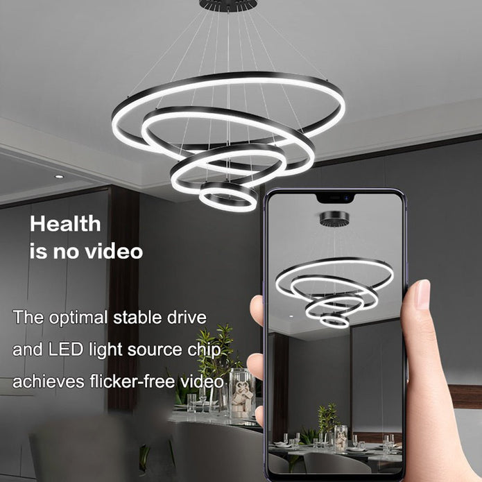 Black 4 Rings Minimalist LED Pendant Light Adjustable Circular Chandelier