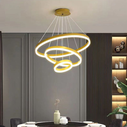 Gold 3 Rings Minimalist LED Pendant Light Adjustable Circular Chandelier