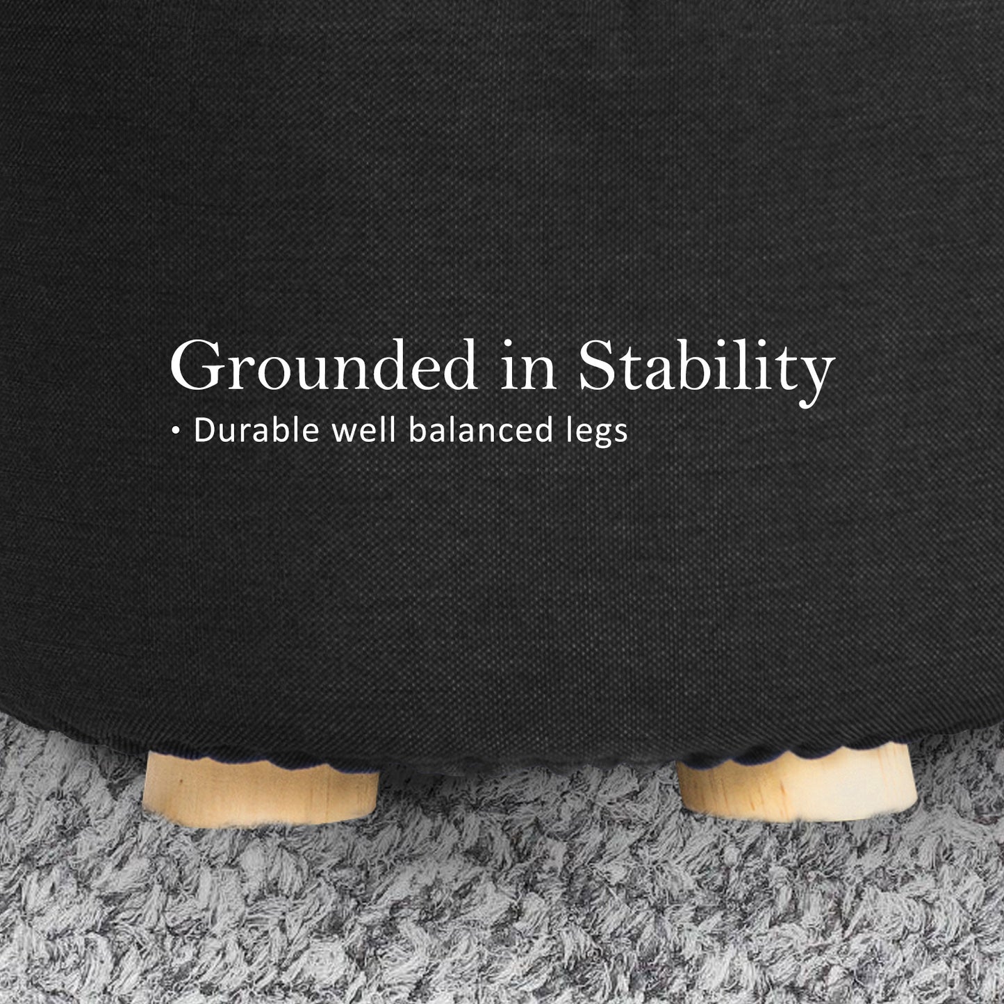 Fabric Ottoman Round Wooden Leg Foot Stool - BLACK